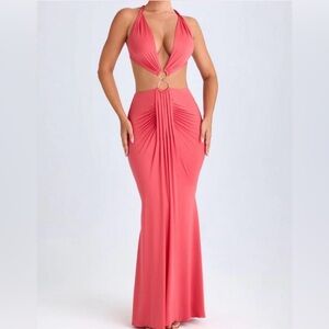 Oh Polly Coral Halter Cutout Maxi Dress with Ring Detail